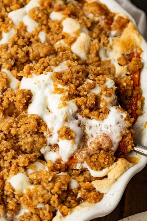 Sweet Potato Casserole Recipe (with Marshmallows!) - Oh Sweet Basil Sweet Potato Marshmallow Recipes, Recipe With Marshmallows, Canned Sweet Potato Casserole, Sweet Potato Marshmallow Casserole, Easy Sweet Potato Casserole, Sweet Potato Casserole With Marshmallows, Sweet Potatoes With Marshmallows, Sweet Potato Toppings, Best Sweet Potato Casserole