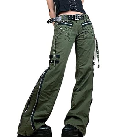 PRICES MAY VARY. 100% Polyester Zipper closure 【Material】Women gothic grunge pants are made of premium polyester fabric, wearable, skin-friendly, comfortable for all-day wear. 【Design】Low waist and slightly flared hem design, chain/bandage/buckle/zipper decoration, full of punk and high street style. You will look so cool in this Harajuku goth pants. 【Match】You can pair this loose aesthetic pants with anything in your closet, such as sexy crop tops, basic T-shirts, cool jackets, casual hoodies, Low Rise Baggy Pants, Grunge Pants, Goth Pants, Harajuku Goth, Mode Punk, Streetwear Girl, Casual Wide Leg Pants, High Street Fashion, Style Cargo