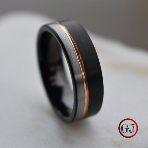 Black Men Rings, Guys Wedding Rings, Mens Bands, Black Wedding Bands, Realistic Wedding, Hand Fasting, Rose Gold Tungsten Ring, 70s Wedding, Rose Gold Tungsten