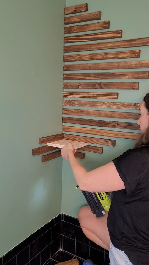 How to Make Plant Slat Shelves - Cedar Hill Builder Renter Friendly Wood Slat Wall, Slat Wall With Shelves, Slat Shelves, Rv Bedroom, Slatted Shelves, Wood Slat Wall, Diy Accent Wall, Shelves Diy, Wood Accent Wall