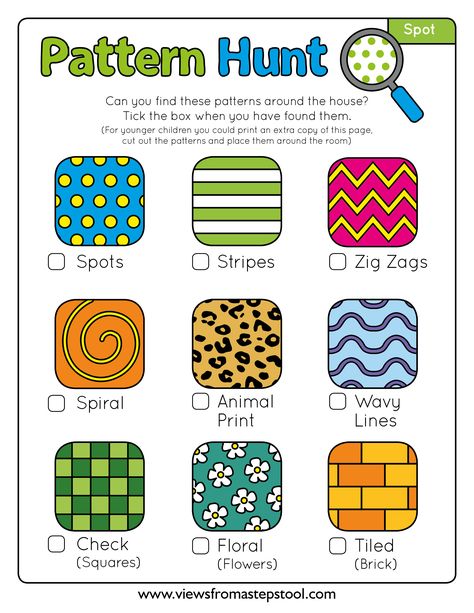 Pattern Scavenger Hunt Art Scavenger Hunt, Pattern Games For Preschoolers, Pattern Activity Preschool, Prek Pattern Activities, Clothing Creative Curriculum, Patterns Activities Preschool, Pattern Art For Kids, Clothing Study Creative Curriculum, Pattern Activities For Kindergarten