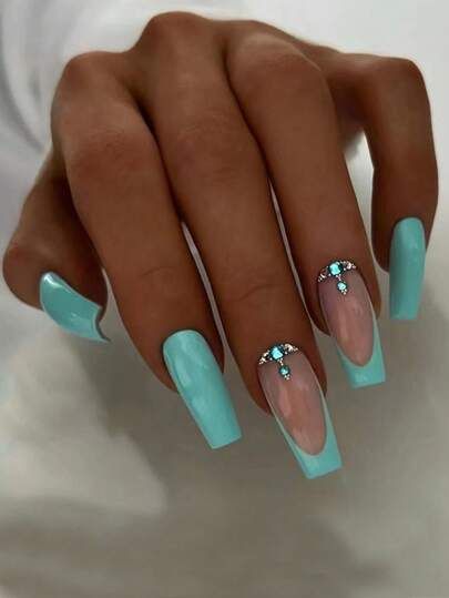 Coffin Turquoise Nails, Turquoise Acrylic Nails Coffin, Wedding Nails Turquoise, Tiffany French Nails, Teal Design Nails, Summer Nails With Rhinestones, Turquoise Nail Ideas, Teal French Tip Nails, Nail Art Turquoise