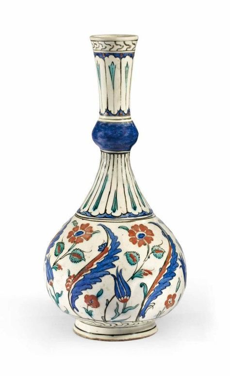 A Rare Iznik Pottery Water Bottle (Surahi), Ottoman Turkey, circa 1580 - A.lain R. T.ruong Turkish Pottery, Quartz Tiles, Turkish Tile, Turkish Tiles, Turkish Ceramics, Turkish Art, Blue Pottery, Small Bottles, Glazes For Pottery