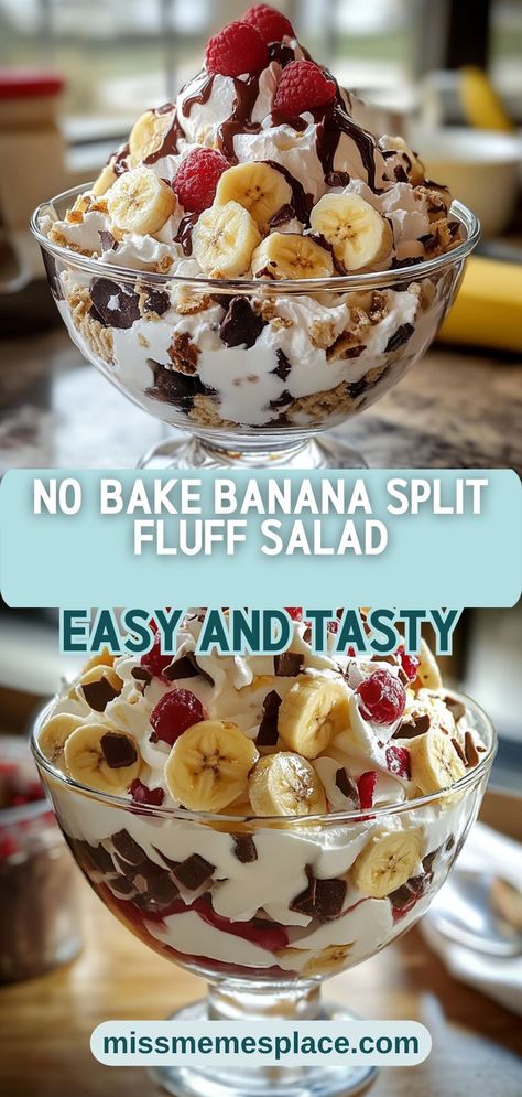 Satisfy your sweet tooth with this No-Bake Banana Split Fluff Salad that’s perfect for any occasion! This delightful recipe blends the classic flavors of a banana split into a creamy, fluffy salad everyone will love. Featuring ripe bananas, luscious whipped topping, and a drizzle of chocolate syrup, it's a fantastic way to celebrate summer gatherings. Plus, it’s incredibly simple to make—just combine ingredients and let the fridge do the rest. Enjoy a refreshing dessert that’s sure to impress! Easy Fruity Desserts, Fluffy Salad, Banana Split Fluff Salad, Banana Split Fluff, Refreshing Dessert Recipes, Banana Split Bites, Breakfast Banana Split, Fluff Recipes, Banana Split Recipes