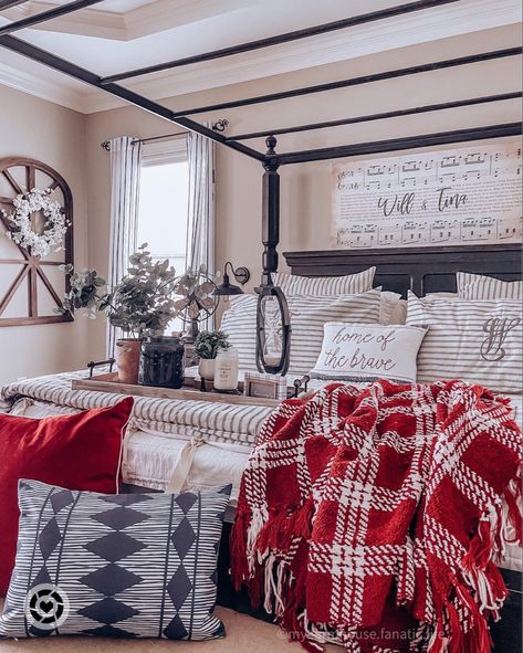 Americana Bedroom Ideas, Americana Bedroom Decor, Americana Bedroom, Patriotic Bedroom, Americana Cottage, Striped Bedroom, Rustic Americana, Good Monday Morning, Red Farmhouse