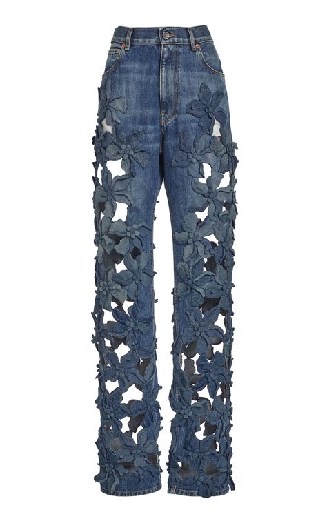 Hibiscus Embroidery, Valentino Jeans, Studded Sneakers, Blue Denim Pants, Embroidered Pants, Embroidered Denim, Boutique Online, Short En Jean, Blue Pants