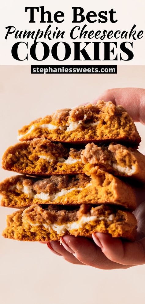 Molten Pumpkin Cheesecake Cookies, Cream Cheese Stuffed Pumpkin Cookies, Pumpkin Pie Streusel, Pumpkin Cheesecake Cookies Recipe, Cookie Pops Recipe, Pumpkin Cheesecake Cookies, Pumpkin Pie Cookies, Cookies Stuffed, Pumpkin Spice Cheesecake