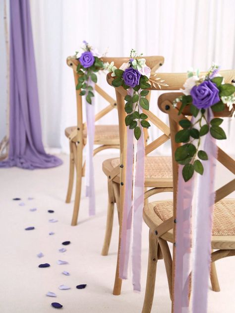 2Pcs/Set 13.8in Chair Flowers Wedding Aisle Decorations For Wedding Ceremony Pew Flowers For Chair Decorations Party Decor With Artificial Flowers Eucalyptus And Ribbons Party Birthday,Valentine'S Day,Mother'S Day GiftI discovered amazing products on SHEIN.com, come check them out! Purple Wedding Chair Decorations, Chair Ribbons Wedding, Chair Decorations Party, Chair Flowers Wedding, Purple Wedding Ceremony, Church Wedding Decorations Aisle, Chair Flowers, Wedding Ceremony Chairs, Pew Flowers