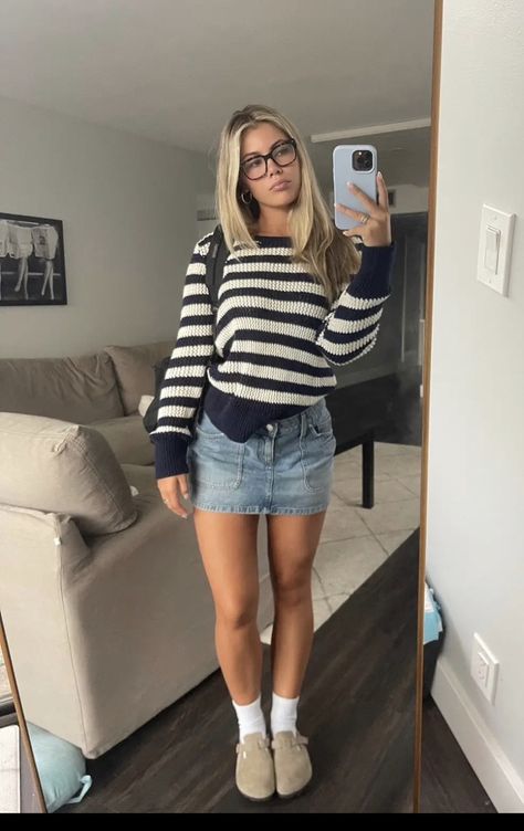 Denim Skirt, A Woman, Mirror, Skirt, Living Room