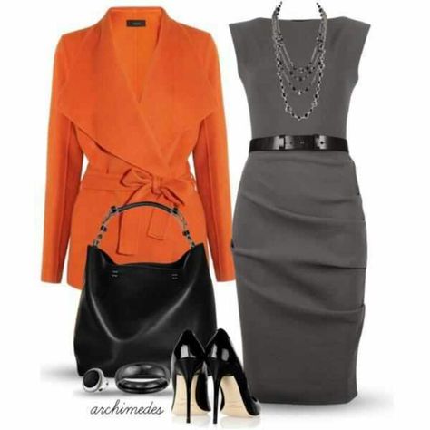 Orange and grey! Nice Teal Outfits, Orange Jacket, Orange Outfit, Grey Dress, Fashion Books, Work Attire, Office Fashion, Work Fashion, Fashion Sense