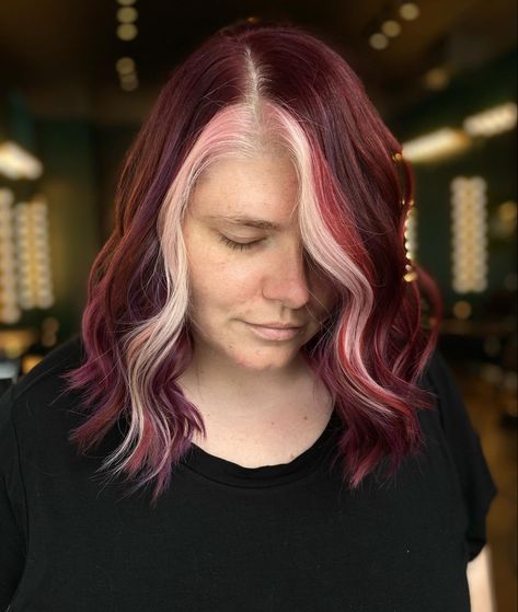 Its giving Dr.Pepper + Cream Soda vibes. This gorgeous burgundy with a money piece is everything you’ve ever dreamed of and more #haircolorinspo #redken #moneypiece #burgundyhair #redhair #drpepper #haircolorideas Burgundy Hair With Money Piece, Dr Pepper Cream Soda, Hair With Money Piece, Dark Red Hair Color, Short Red Hair, Wine Hair, Red Hair Inspo, Money Piece, Dark Red Hair