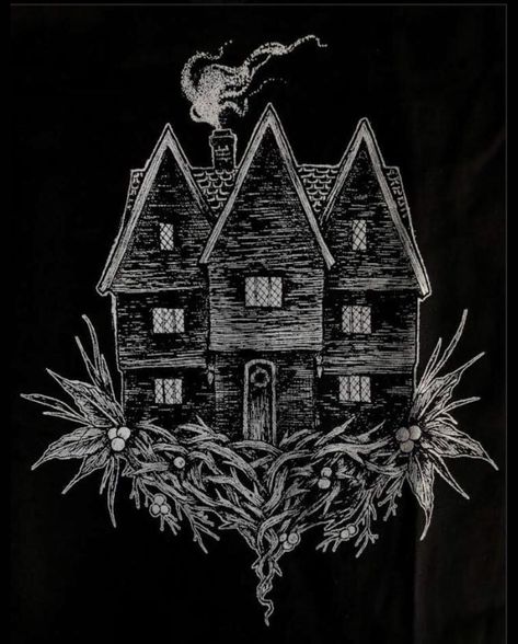 Witch House~ Black Veil Tattoo Salem Witch House Tattoo, Practical Magic House Tattoo, Black Veil Tattoo Salem, Gothic House Tattoo, Witch House Tattoo, Witch House Drawing, Salem Witch Tattoo, Black Veil Tattoo, Salem Tattoo