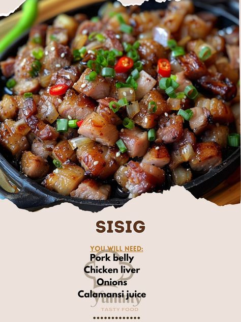 🔥 Try the sizzling delight of Sisig! 🍳✨ #SizzlingSisig #FilipinoFlavor Sisig Ingredients: Pork belly (1 lb) Chicken liver (1/2 lb) Onions, chopped (2) Calamansi juice (1/4 cup) Soy sauce (2 tbsp) Chili peppers, chopped (2) Mayonnaise (1/4 cup) Salt and pepper (to taste) Oil (2 tbsp) Instructions: Boil pork belly until tender, then grill until crispy. Chop pork belly and chicken liver finely. In a pan, heat oil and sauté onions. Add chopped pork and liver, mix well. Stir in calamansi juice... Sauté Onions, Pork Sisig, Calamansi Juice, Liver And Onions, Chicken Liver, Island Table, Chicken Livers, Saute Onions, Chili Peppers