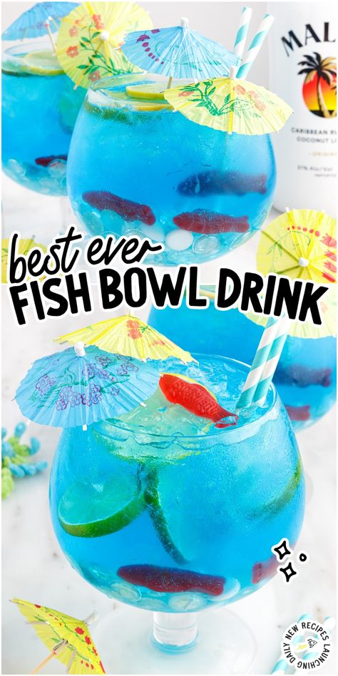 This trendy fish bowl drink is a super fun cocktail that’s refreshing and fruity. Combining blue curacao, coconut rum, vodka, and fizzy lemon-lime soda gives this drink a delicious flavor and vibrant blue hue that’s the perfect home for the candy fish swimming around. Fish Bowl Drink, Fish Bowl Recipe, Gummy Bear Drink, Fishbowl Cocktail, Fishbowl Drink, Swedish Fish Candy, Bowl Cocktails, Fun Party Drinks, Malibu Coconut