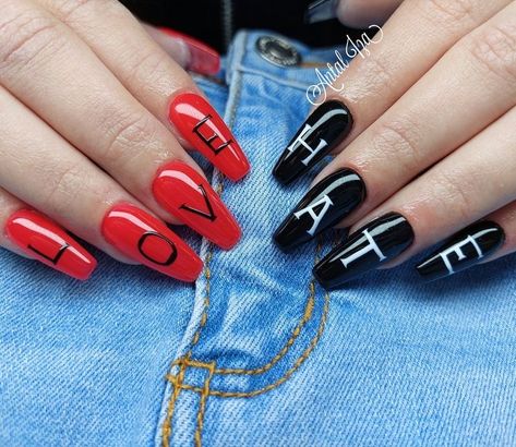 Goth Vday Nails, Hate Valentines Day Nails, Valentines Day Nails Red And Black, Love Hate Nails, Black Anti Valentines Day Nails, Valentines Nails Black And Red, Goth Valentines Day Nails, Gothic Spring Nails, Black Vday Nails