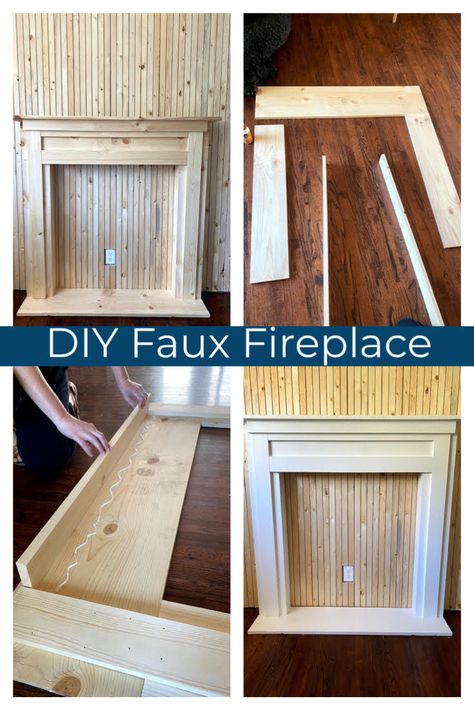 DIY Faux Fireplace Faux Fireplace Plans, Faux Christmas Fireplace, Fake Fireplace Ideas Christmas, Highlights Diy, Diy Faux Fireplace, Bookshelf Mantle, Diy Fireplace Mantle, Farmhouse Fireplace Decor, Ghosts And Goblins