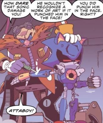 I know I am a bit late on this but I like this panel from IDW sonic : SonicTheHedgehog Metal Sonic, Doctor Eggman, Sonic Mania, Sonic Funny, Blue Hedgehog, Sonic Franchise, Sonic And Shadow, Sonic Fan Art, Sonic Boom