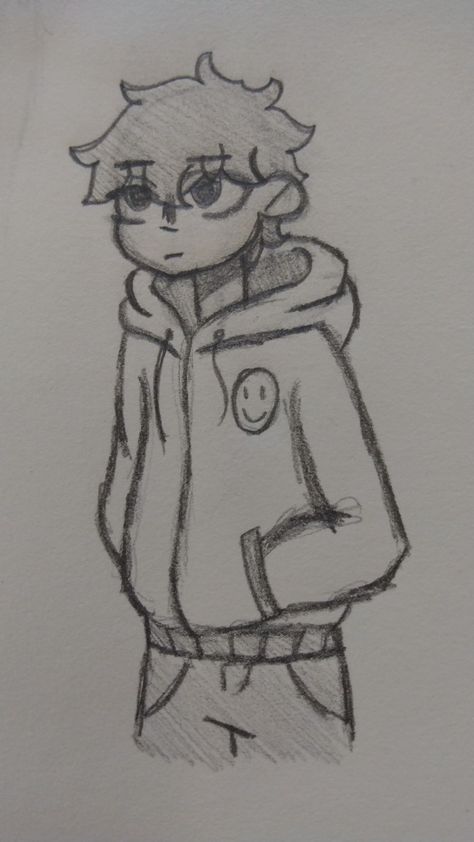 Drawing of a male wearing a sweatshirt and has short hair How To Draw Oversized Shirt, Hoodie Doodle, Hands In Hoodie Pose Drawing, How To Draw A T Shirt, Sweatshirt Sketch, Baggy Hoodie Drawing, Baggy Jacket Drawing, Cartoon Hoodie Drawing, How To Draw Hoodies