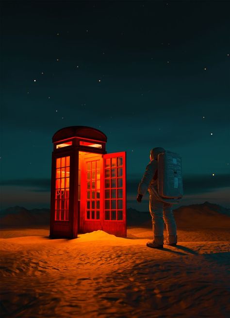 Astronaut stands in front of a retro telephone booth in the color red. The booth glows in the dark on an alien planet. Space Poster Design, Red Phone Booth, Retro Telephone, The Color Red, Telephone Booth, Movie Posters Design, Alien Planet, Phone Booth, Space Poster