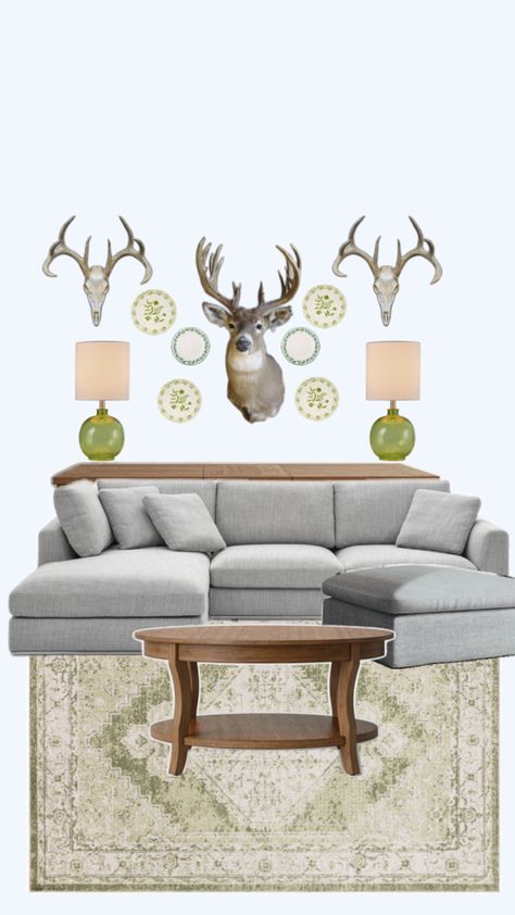 Room With Deer Mounts, Living Room With Deer Mounts, Deer Mounts In Living Room, Hunting Decor Living Room, Limestone House, Country Mansion, Girl Apartment, Deer Mounts, College Room Decor