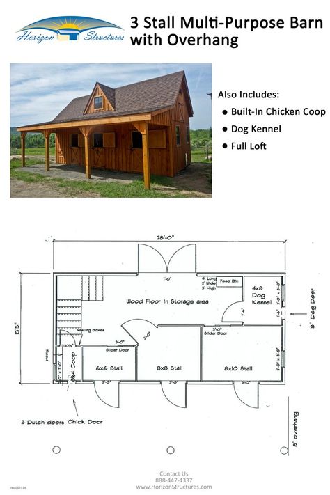 3 stall multipurpose barn with chicken coop and dog kennel Horse Stall Dog Kennel, Goat And Chicken Barn Layout, Chicken And Goat Barn, 2 Stall Horse Barn With Tack Room, Small Barn Layout, 3 Stall Horse Barn Plans, Mini Barn Ideas, Goat Barn Layout, Goat Barn Plans