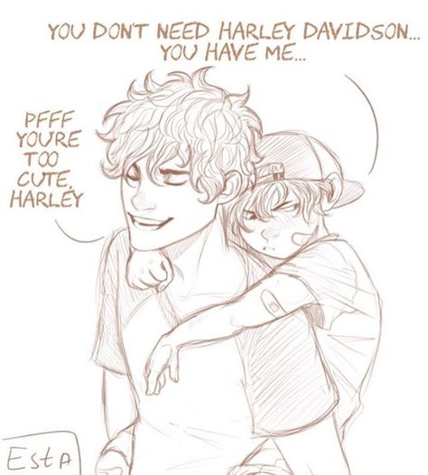 Leo and Harley<<I love this fan art bc I thought that was Percy but its freaking leo! Perseus Jackson, Rick Riordan Series, Team Leo, Persassy Jackson, Bro Sis, Cool Dude, Peter Johnson, Trials Of Apollo, Percy Jackson Fan Art