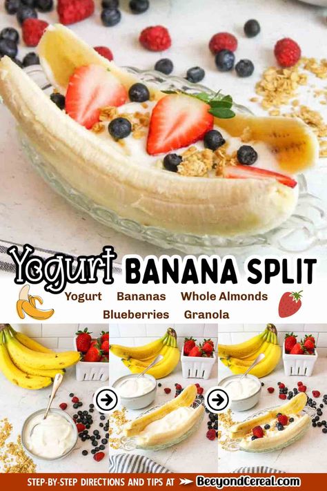 Banana Yogurt Split, Banana Yogurt Dessert, Banana Split Yogurt, Preschool Meals, Banana Split Breakfast, Breakfast Banana Split, Healthy Banana Split, Fruit And Yogurt, Yogurt Banana