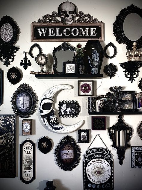 Gothic house. Spooky decor. Goth gallery wall, gothic wall art, occult decor, witchy decor, vintage goth. Glam goth. Skull decor. Ouija board. Diy goth decor. Girhic living room. Goth Living Room, Gothic Gallery Wall, Gothic Decor Bedroom, Goth Gifts, Goth Bedroom, Gothic Room, Gothic Bedroom, Spooky Home Decor, Dark Home Decor