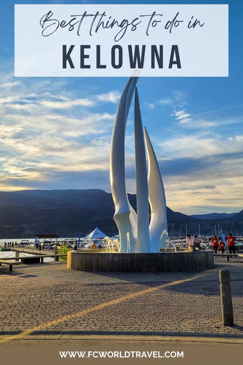 A photo of downtown Kelowna Canada. The photo shows the famous downtown statue of the sails with a backdrop of the Okanagan Lake, one of the biggest lakes in British Columbia Things To Do In Kelowna, Luxury Beach Vacation, Columbia Travel, Okanagan Lake, British Columbia Travel, Kelowna British Columbia, Lake Days, Canada Travel Guide, Kelowna Bc