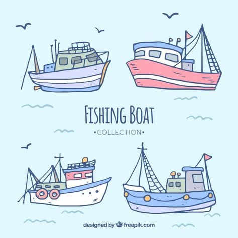 Fishing Boat Illustration, Fishing Boat Drawing, Boot Illustration, Boat Illustration, Boat Drawing, Kindergarten Art Projects, Boat Art, Boat Painting, Fishing Boat