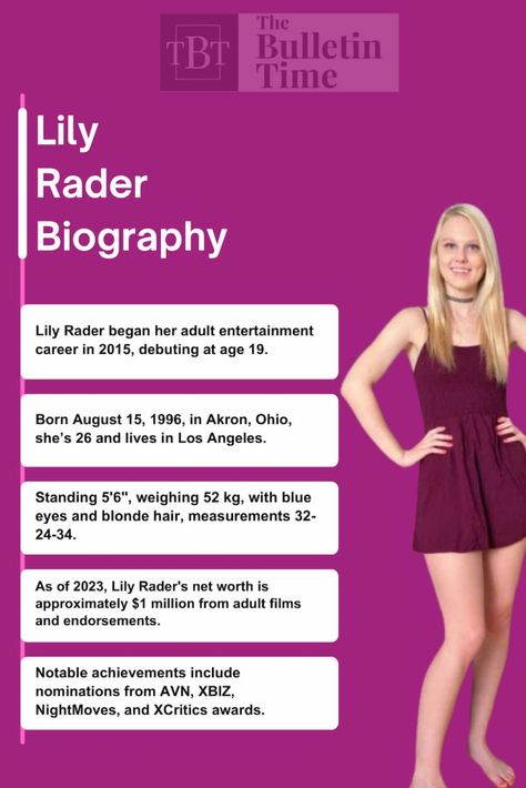 Lily Rader, born August 15, 1996, in Akron, Ohio, is a renowned adult actress and model. Starting her career in 2015, she has appeared in over 100 films. Known for her striking blue eyes and blonde hair, she has amassed an approximately $1 million net worth. Blue Eyes And Blonde Hair, Lily Rader, Unknown Facts, Akron Ohio, August 15, Net Worth, American Actress, Blue Eyes, Blonde Hair