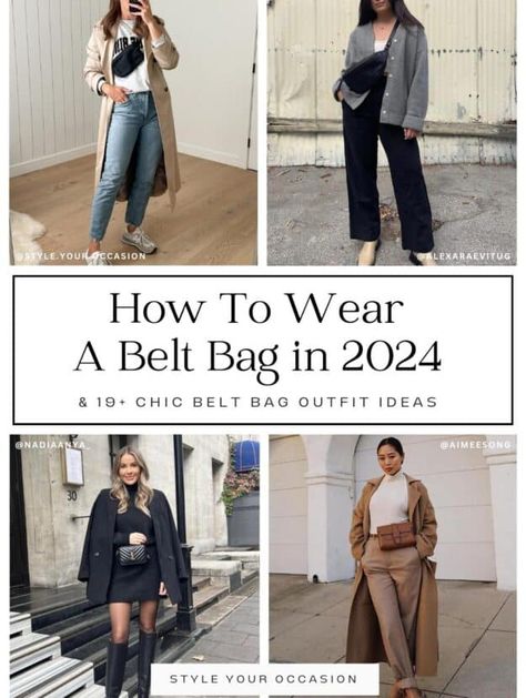 Want ideas for how to style a belt bag or fanny pack? Get chic and modern fanny pack outfit ideas, belt bag outfit ideas, and bum bag outfit ideas. If you want to wear one in the summer, fall, or winter, go dressy or casual, you can rock the bum bag outfit aesthetic. You've got to see these chic street styles! Belt Purse Outfit, Cute Belt Bag, How To Style A Belt Bag, Ysl Belt Bag Outfit, Chest Bag Outfit Women, How To Wear A Belt Bag, Fanny Bag Outfit, Belt Bag Outfit Street Style, Fanny Pack Outfit Street Styles