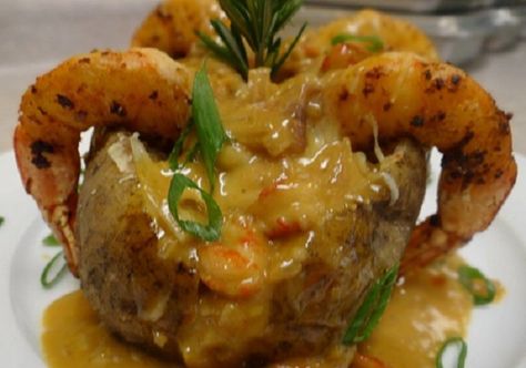 Seafood Stuffed Potato with Creamy Crawfish Sauce Recipe...I just love baked potatoes, and I also love seafood...put those two together and you have a feast! The extra special sauce with the crawfish makes it fantastic! Shrimp And Crawfish Baked Potato, Seafood Stuffed Potatoes, Crawfish Sauce, Bake Shrimp, Crawfish Dishes, Slap Ya Mama, Crawfish Recipes, Stuffed Potato, Stuffed Potatoes