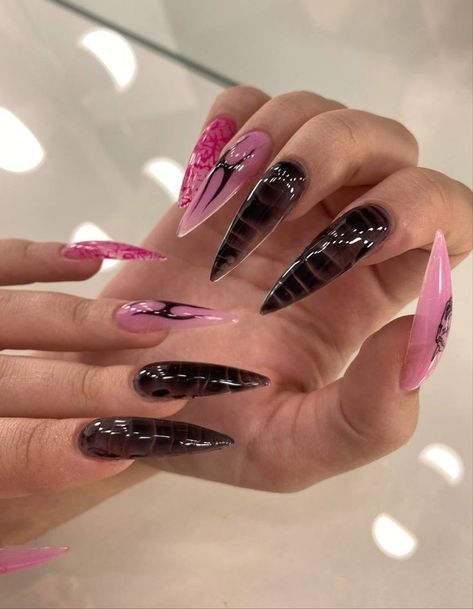 Nail Extensions Acrylic, Pink Tip Nails, Punk Nails, Hippie Nails, Grunge Nails, Stiletto Nails Designs, Glow Nails, Crazy Nails, Nail Art Designs Videos