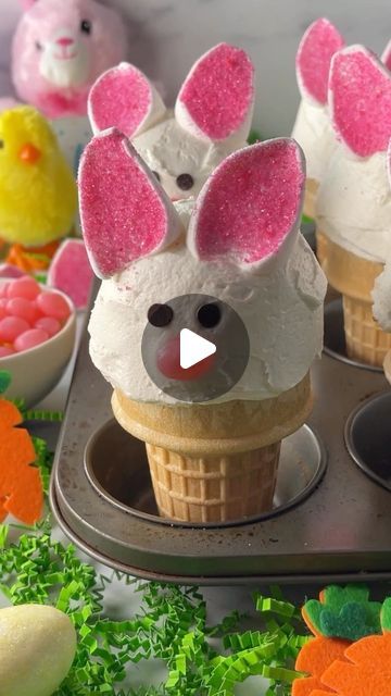 Lise Ode | Mom Loves Baking ® on Instagram: "Let’s make Bunny Cupcakes with Marshmallow Ears! So cute and simple to make with cake batter baked right into an ice cream cone. Perfect for Easter season and kids will love them!
Find the recipe link in my bio.
#bunnycupcakes #marshmallowbunnyears 

https://www.momlovesbaking.com/easy-bunny-cupcakes-with-marshmallow-ears/" Easter Food Ideas Desserts Easy Recipes, Easter Ice Cream Cone Cupcakes, Easter Bunny Ice Cream Cone Cupcakes, Marshmallow Bunny Cupcakes, Easter Cupcake Ideas, Bunny Ear Cupcakes, Chocolate Bunny Cupcakes, Easter Desserts With M&ms, Easter Ice Cream