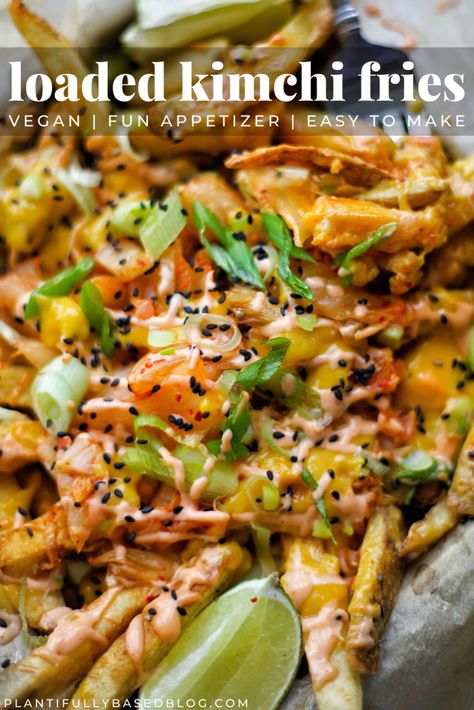 Vegan Food Truck Ideas, Kimchi Fries, Loaded Fries Recipe, Dirty Fries, Vegan Kimchi, Vegan Cheddar Cheese, Vegan Fries, Homemade French Fries, Vegan Cheese Sauce