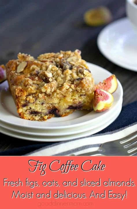 Fig Coffee Cake is moist and melt-in-your-mouth delicious. Fresh figs, oats, and sliced almonds make a coffee cake with streusel topping you will love. #figs #baking #cake #recipes #dessert Fresh Fig Coffee Cake, Fig Recipes Dessert, Fig Coffee, Sweet Slices, Fig Dessert, Fig Bread, Dessert Breads, Fig Cake, Homemade Snickers