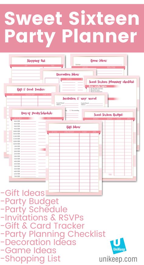 Free Sweet Sixteen Party Planning Printables | Printable Planner For Moms by  Dana Kohn Sweet 16 Party Planning Checklist, Sweet 16 Party Checklist, Sweet Sixteen Party Ideas On A Budget, Sweet 16 Planner, Quinceanera Planner Free Printable, Diy Sweet Sixteen Decorations, How To Plan A Sweet 16 Party, Sweet 16 Party Ideas On A Budget At Home, Sweet 16 List