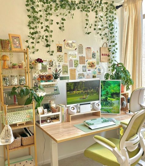 Cottage Core Study Room, Light Green Pc Setup, White And Green Pc Setup Aesthetic, L Shaped Desk Decor, Desk Facing Window, Green Desk Aesthetic, Pink And Green Office, Boho Office Ideas, Art Desk Setup