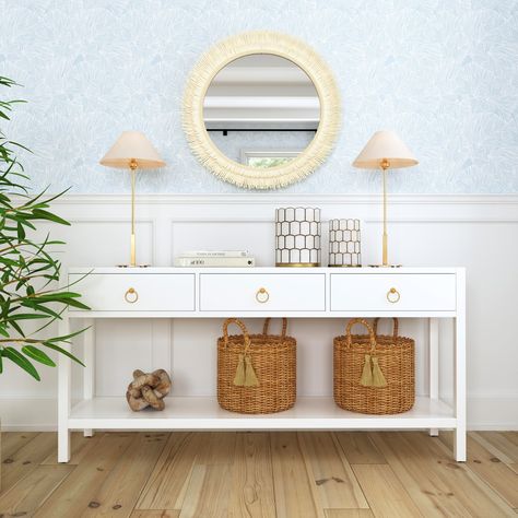 The Lark Collection brings a straightforward design with elevated elegance and attention to detail. Light And Airy Console Table, Styled Console Table, Coastal Styling, White Console Table, Coastal Bedroom Decorating, Table Console, Coastal Bedroom, Room Update, Brass Pulls