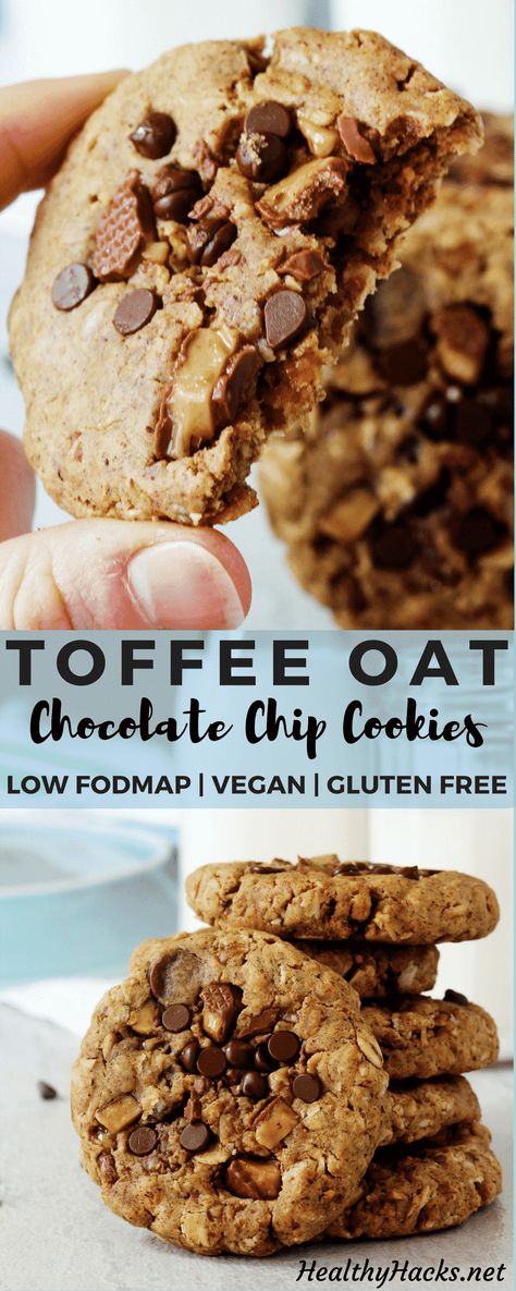 Low Fodmap Vegan, Fodmap Vegan, Oat Chocolate Chip Cookies, Chewy Toffee, Healthier Baking, Low Fodmap Snacks, Fodmap Snacks, Low Fodmap Diet Recipes, Fodmap Diet Recipes