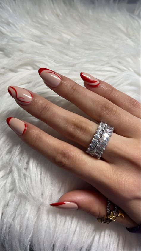 Nude Nails With Red Design, Nude And Red Acrylic Nails, Nude And Red Nail Designs, Red Inspired Nails, Red Nude Nails, Nude And Red Nails, Red Formal Nails, Red And Nude Nails, Red And White Nail Designs