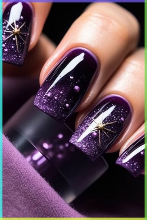 Purple Nails For Valentines Day, Dark Valentine Nails Designs, Purple Silver And Black Wedding Ideas, Dark Purple Nail Designs Short, Purple Sparkle Nail Design, Dark Purple Wedding Nails, Dark Purple Nail Art Designs, Dark Purple Acrylic Nails Design, Dark Purple Nails Short