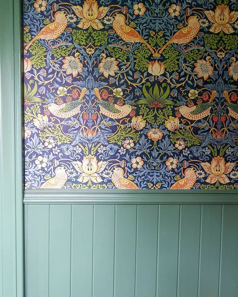 When the Strawberry Thief met Green Smoke! Recent project using William Morris wallpaper @decorinteriorsni  and F & B paint. #wallpaper… Paneling In Living Room, Wainscoting And Wallpaper, William Morris Interior, Bathroom With Clawfoot Tub, Small Downstairs Toilet, William Morris Wallpaper, Theres No Place Like Home, Morris Wallpapers, Hall Ideas