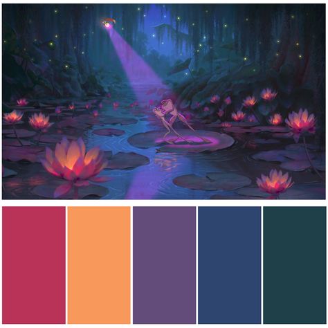 Princess and The Frog! #Dispirations #ColorPalette Princess And The Frog Set Design, Concept Art Color Palette, Princess And The Frog Color Scheme, French Quarter Color Palette, Princess And The Frog Colors, Bayou Color Palette, Winx Club Color Palette, Princess And The Frog Color Palette, Dramatic Color Palette