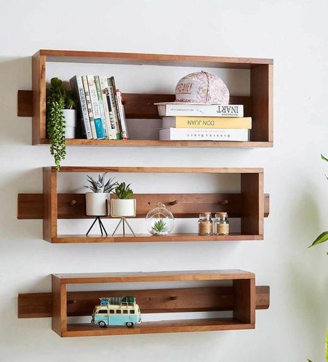 Contemporary Wall Shelf, Wooden Shelf Design, Unique Wall Shelves, Wall Shelves Living Room, Modern Wall Shelf, Wooden Wall Shelves, Wall Shelf Decor, Wall Shelves Design, Wall Bookshelves