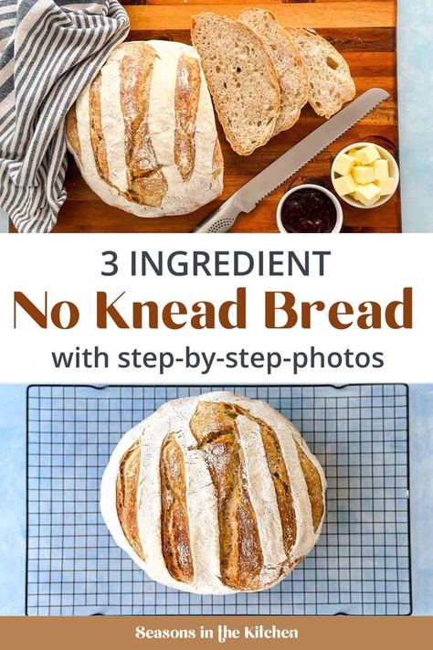 This 3 ingredient no knead bread is perfect for beginners! This simple recipe uses all-purpose flour, salt, and yeast to create a rustic, crusty loaf that’s great with any meal. 3 Ingredient Bread, Basic Bread Recipe, Oven Bread, Dutch Oven Bread, Flour Bread, Knead Bread Recipe, Oven Baked Recipes, Knead Bread, No Knead Bread