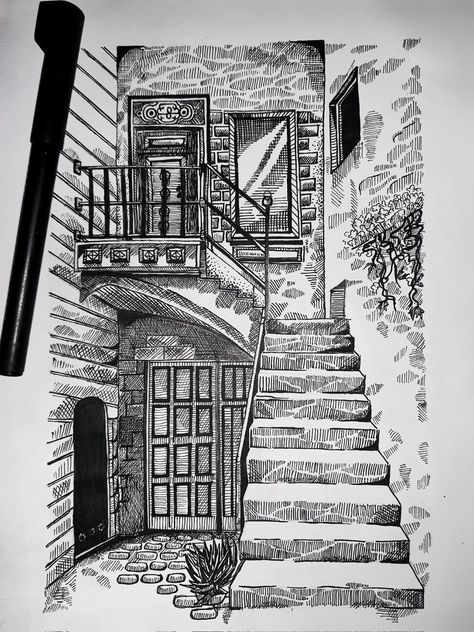 Black Pen Drawing, Micron Pen Art, Kunstjournal Inspiration, Fineliner Art, Pen Art Work, Ink Pen Art, Architecture Drawing Sketchbooks, Perspective Drawing Architecture, Drawing Step By Step