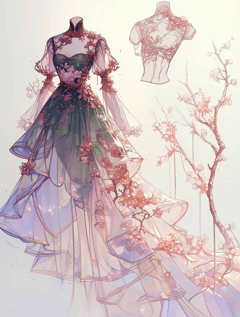 Magician Outfit Drawing, Cherry Blossom Dresses, Flowy Dress Drawing, Flowy Art, Vestidos Anime, Dreamy Gowns, Fashion Illustrations Techniques, Pretty Quinceanera Dresses, Art Outfits