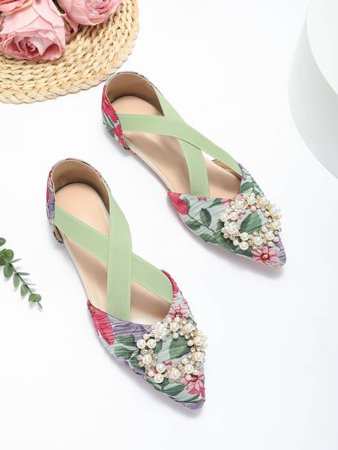 Multicolor Fashionable Collar   Floral Ballet Embellished   Women Shoes Embellished Elegant Ballet Flats, Casual Slip-on Flats With Floral Embroidery, Spring Bow Ballet Flats Slip-on, Floral Embroidery Slip-on Flats, Floral Ballet Flats, Embroidered Multicolor Slip-on Flats, Floral Flats, Womens Ballet Flats, Ballet Flat Shoes